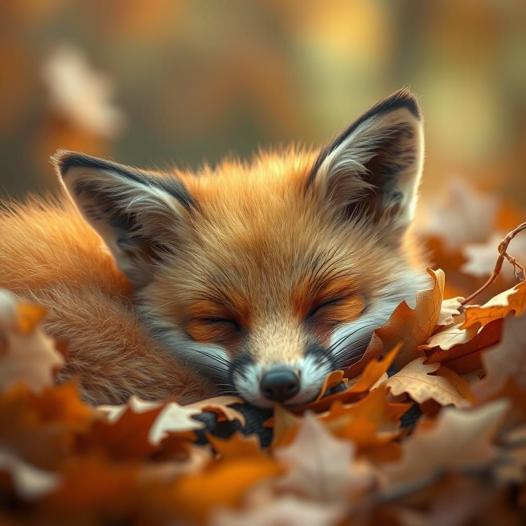 Sleeping Baby Fox in Autumn Leaves