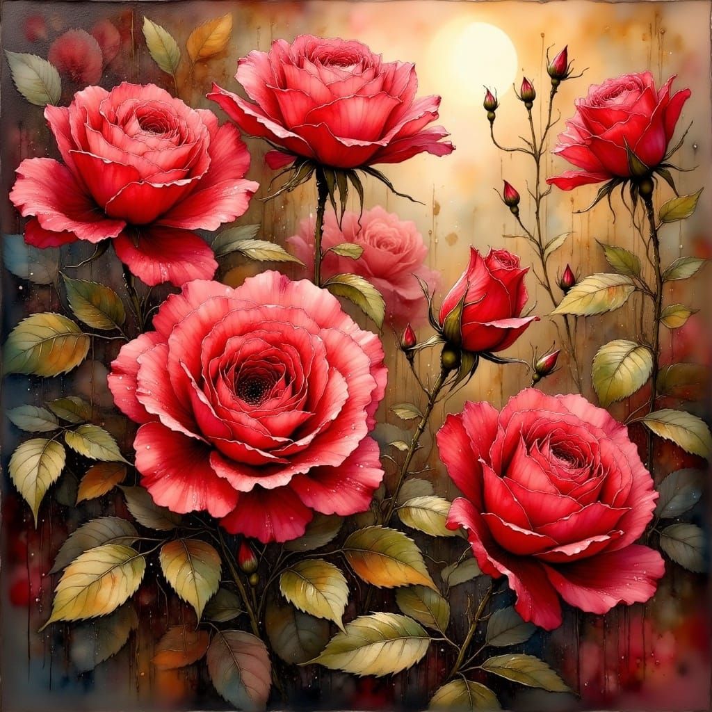 Red Roses with Dew in Impressionistic Style