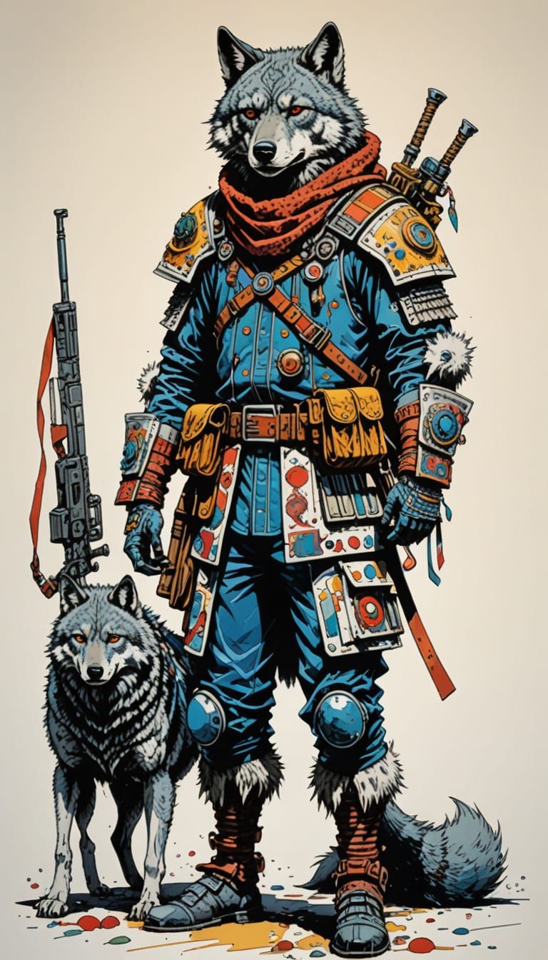 Cyberpunk Bandit in Vibrant Wolf-Themed Armor