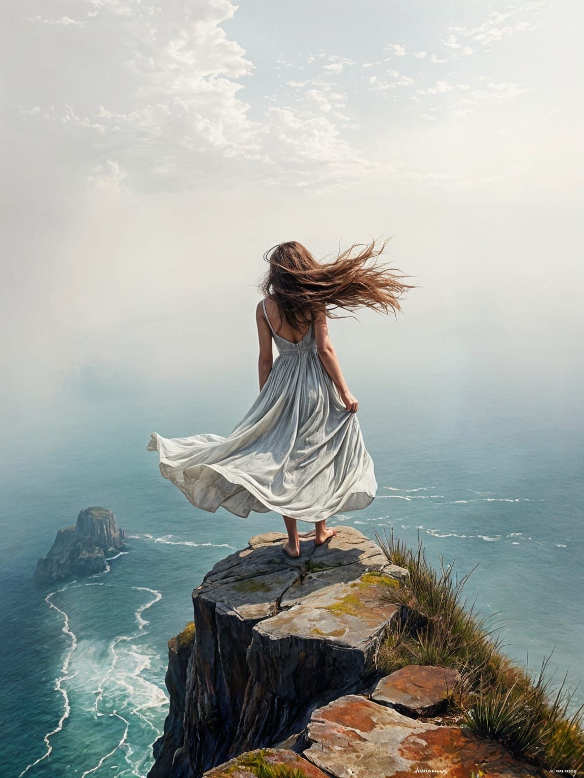 Windswept Woman on Cliff in Wyeth Style