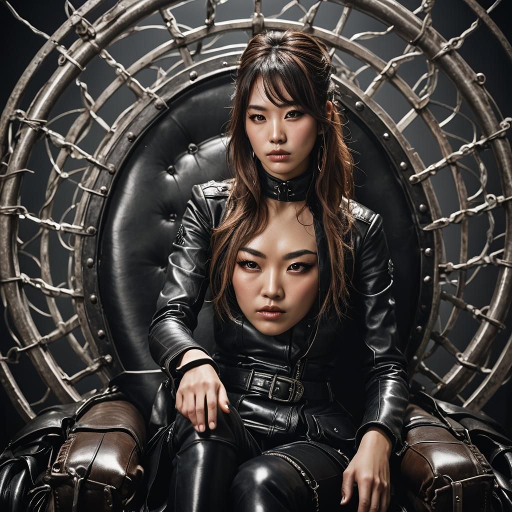 Woman in Leather on Throne, Dramatic Portrait