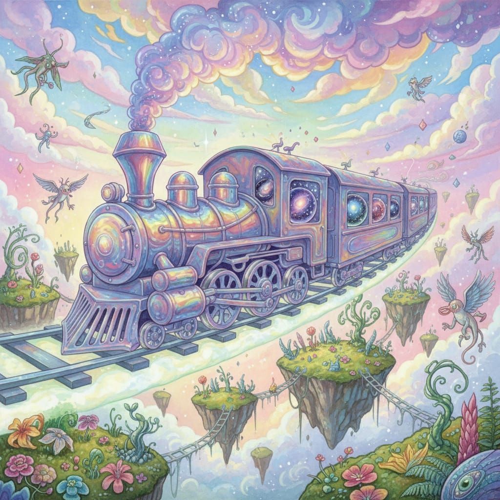 Iridescent Liquid Train on Moonlight Track, Pop Surrealism F...