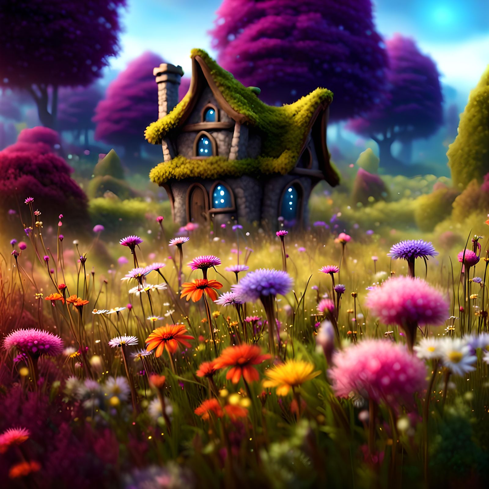 Wonderful meadow landscape with many flowers, fantasy fairy house