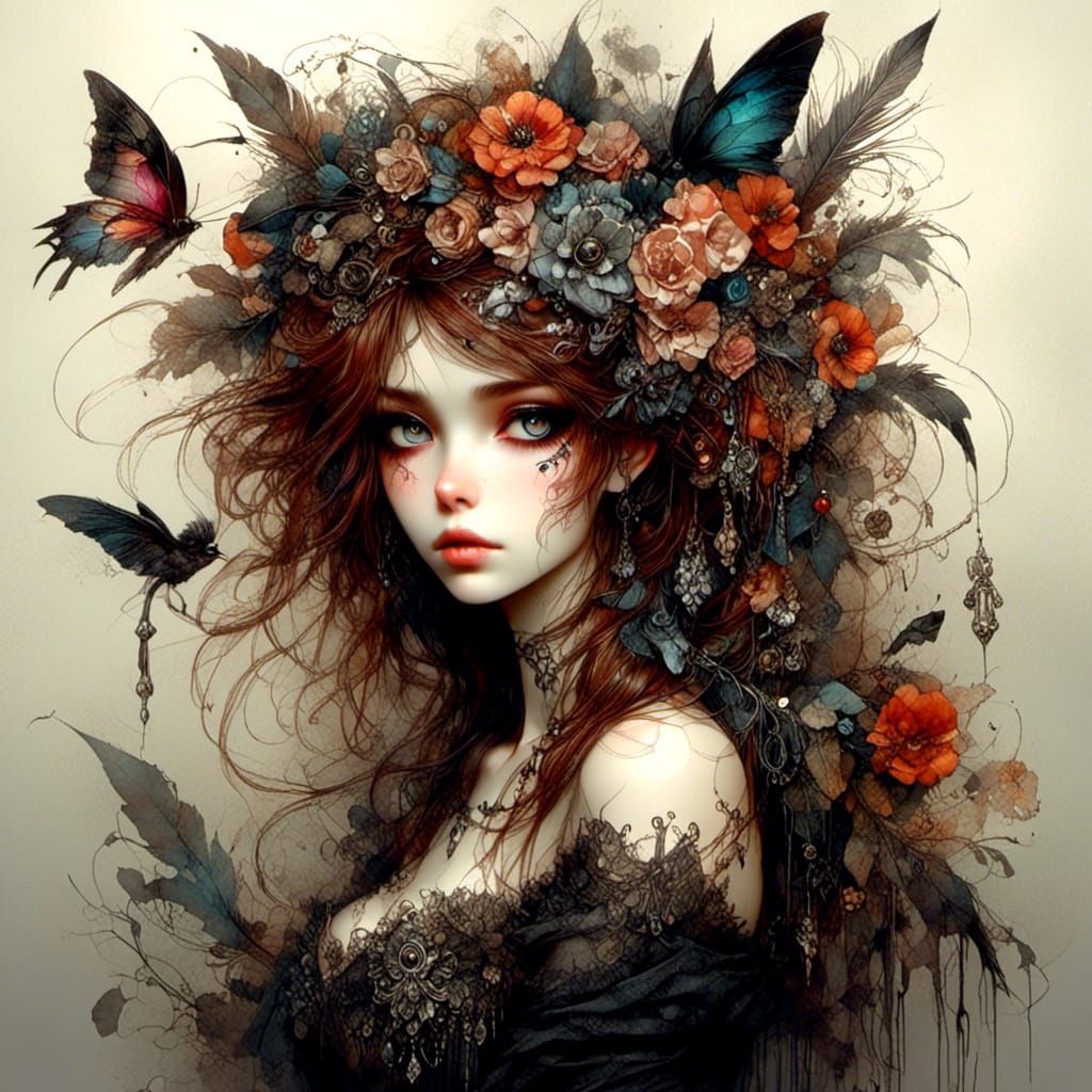 Beautiful Punky Woman with Death Filigree and Flowers