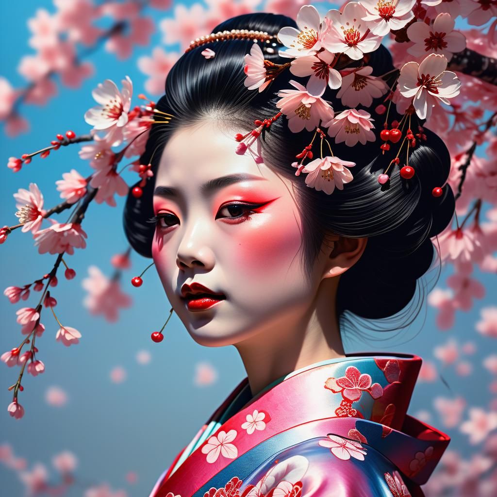 Dancing Geisha in Cherry Blossom Kimono: Art Nouveau Paintin...