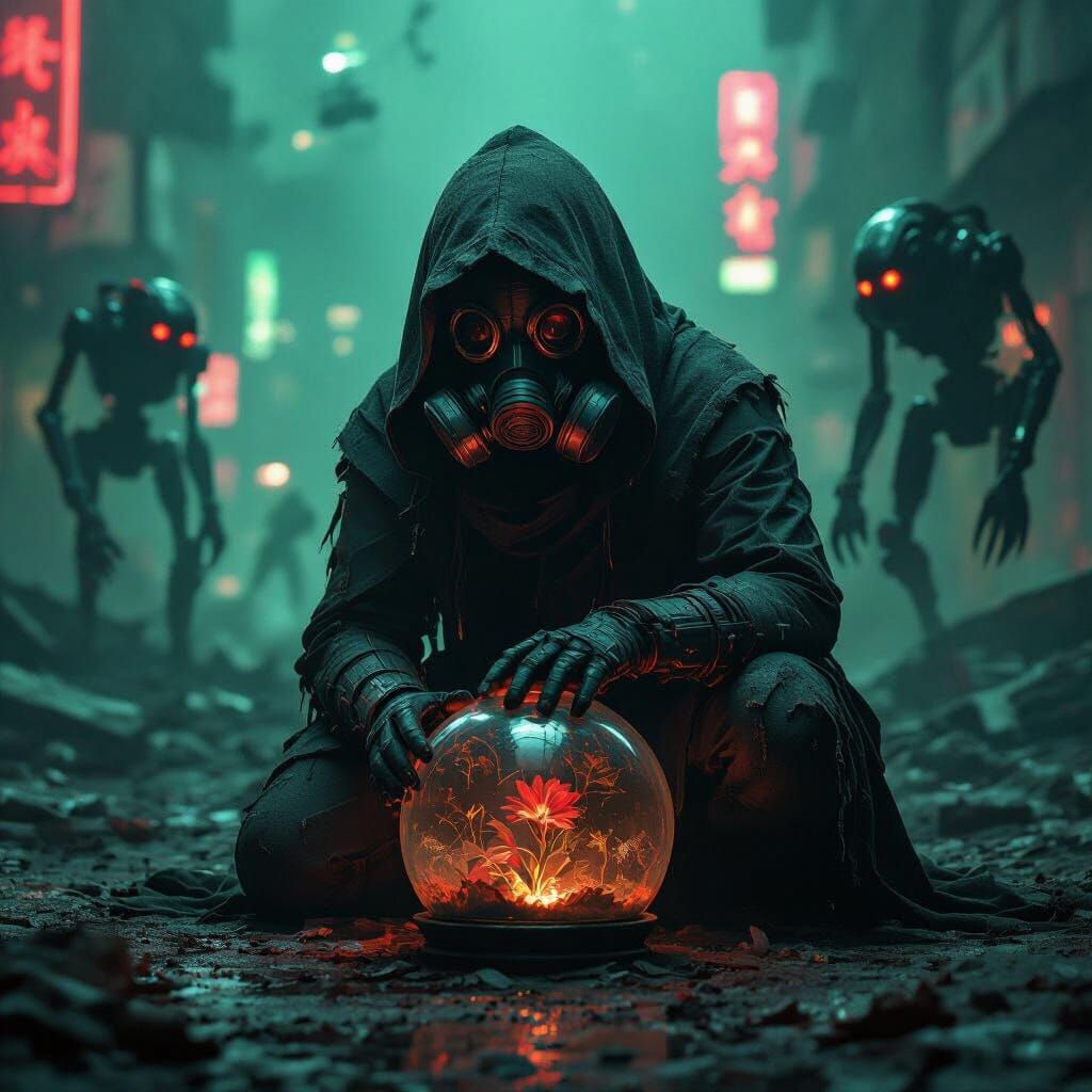 Dying Flower in Cyberpunk Dystopia, Cinematic Style