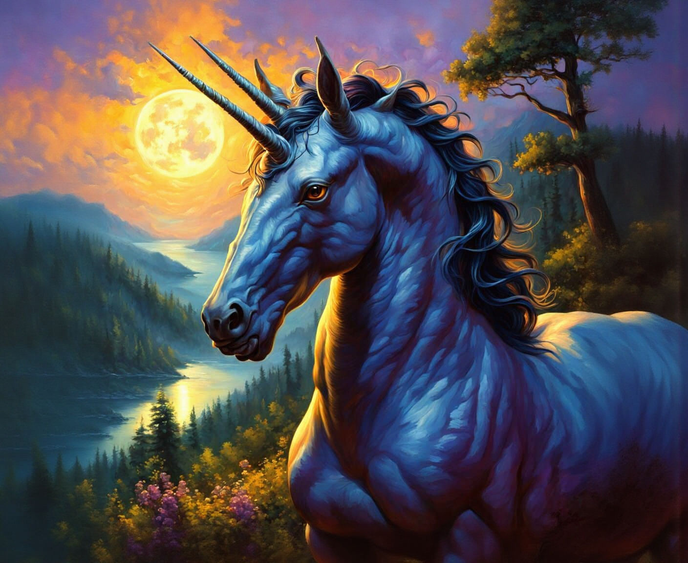 Black and Gold Unicorn Under Moonlight