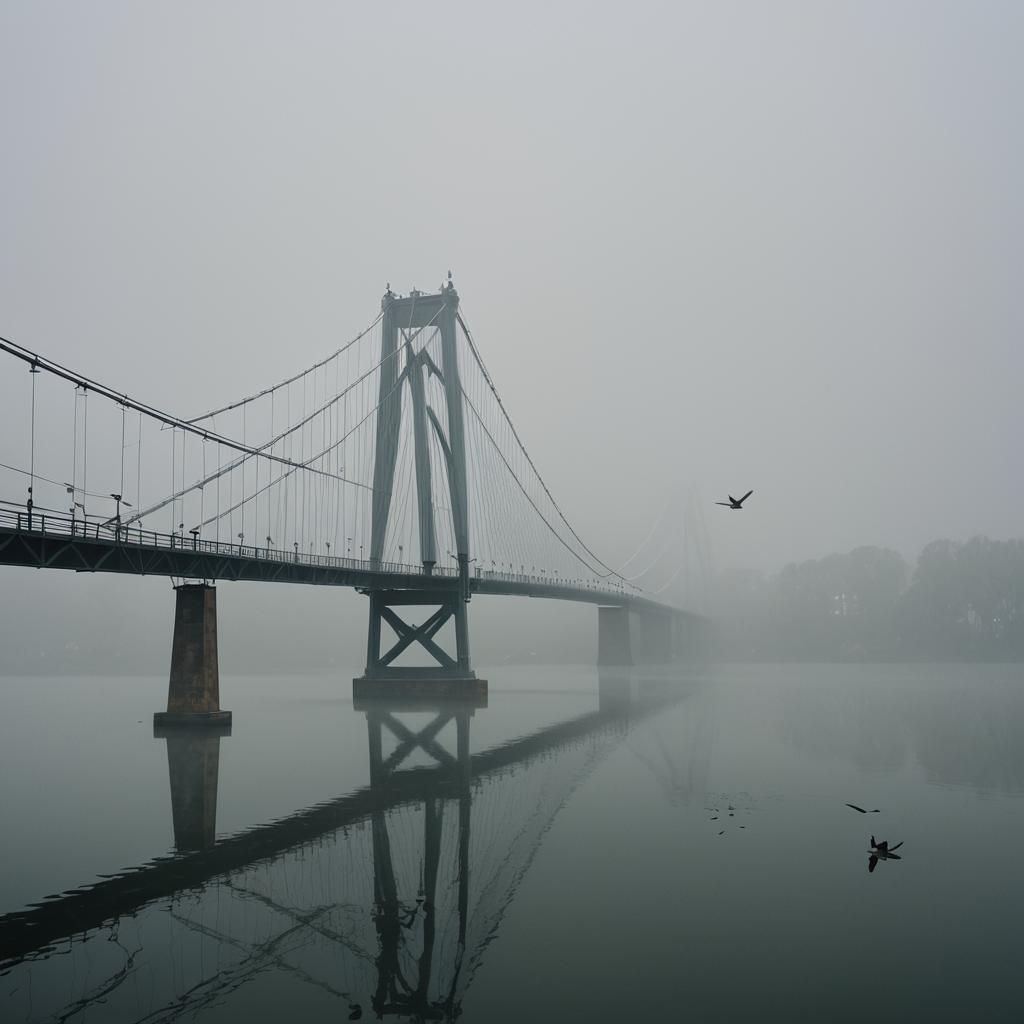 Suspension Bridge Looms Mysteriously in Dense Fog