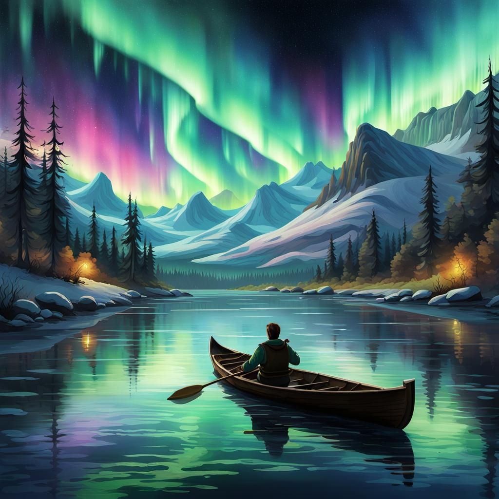 Northern Lights Watercolour River Scene