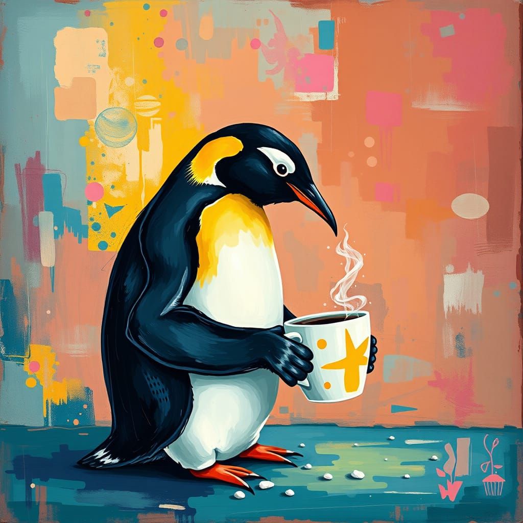 Lonely Penguin Sips Coffee in Vibrant, Abstract Art