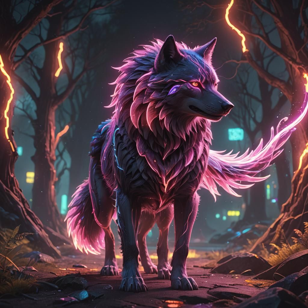 Neon Spirit Wolf in Detailed Matte Painting Style