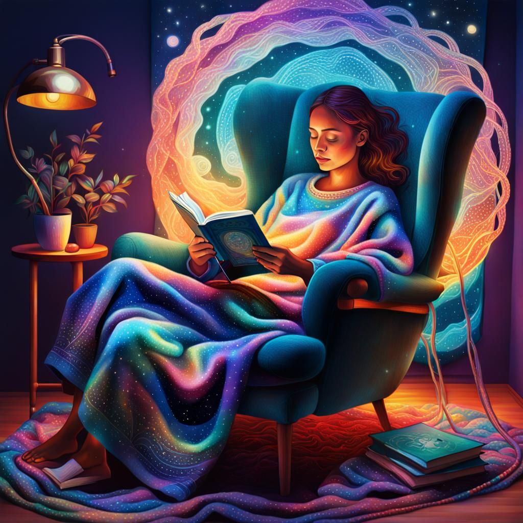 Cozy Evening: Woman Reading, Astral Illustration