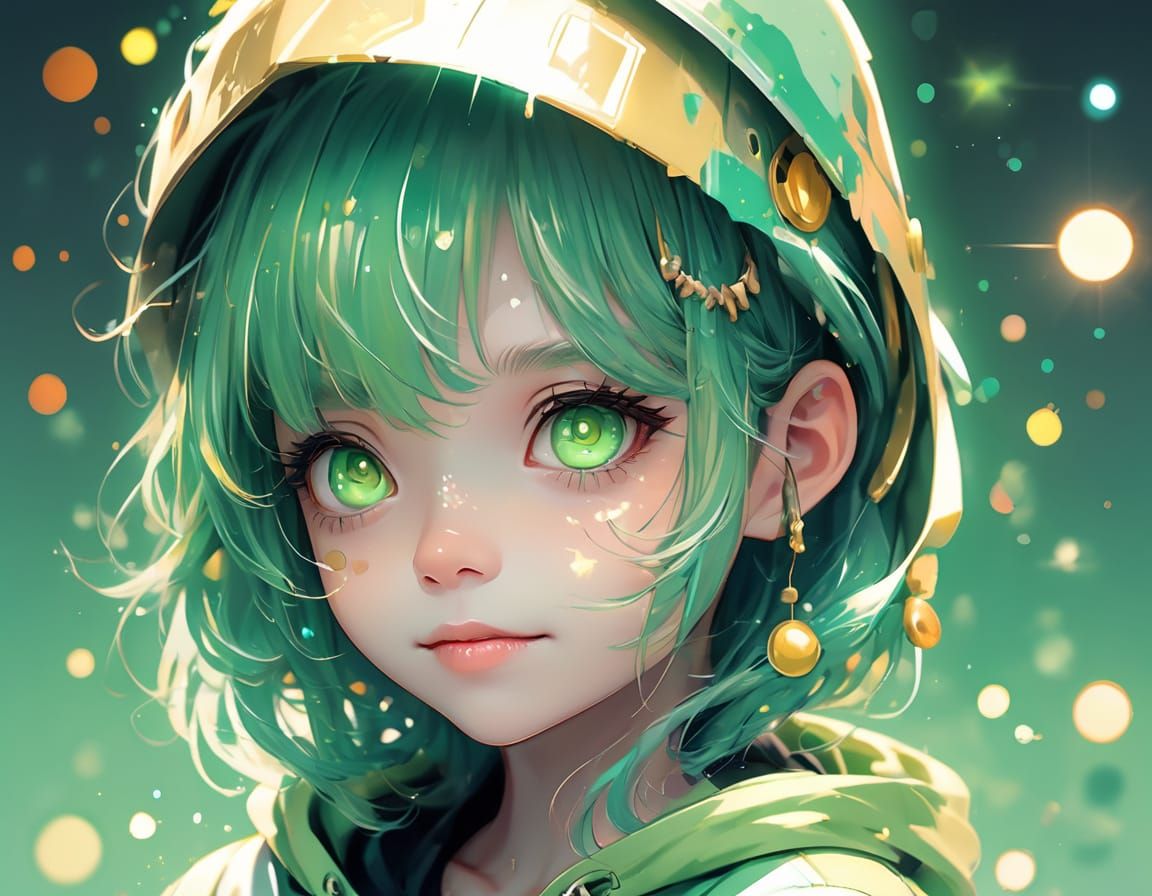 Kawaii Anime Girl with Sparkling Eyes and Partial Skull Helm...