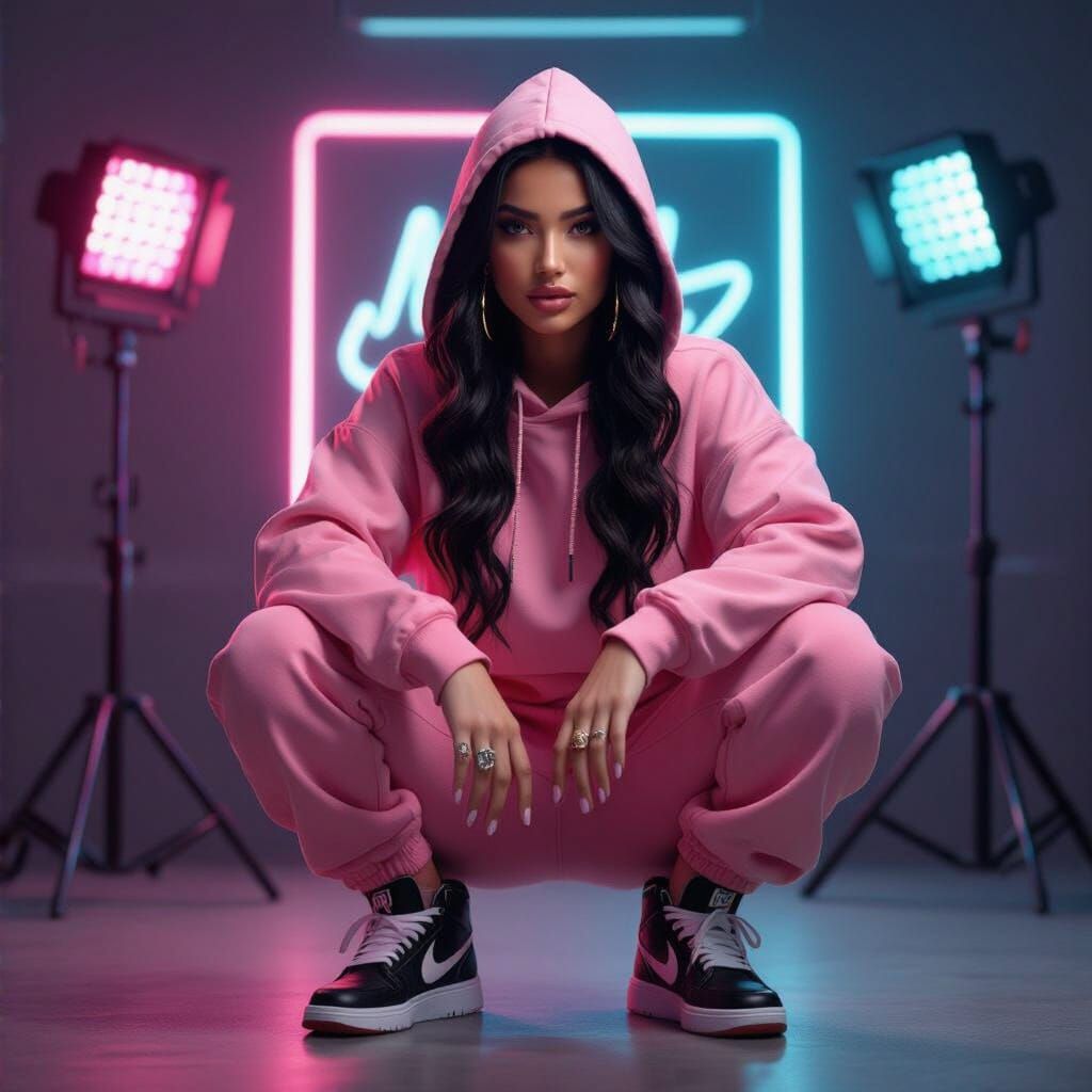 Confident Brunette with Pink Hair in Rap Studio