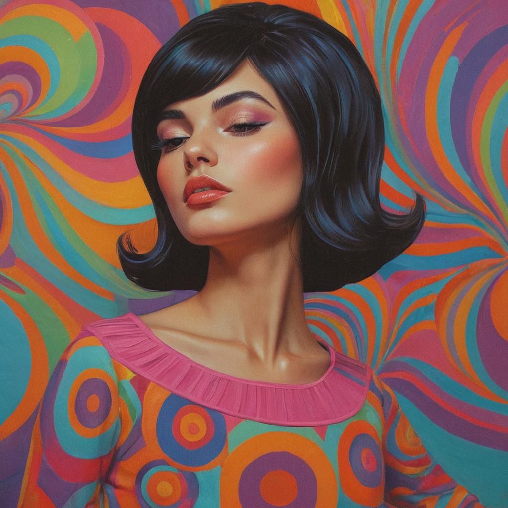 Groovy Lady in Psychedelic Room, Oil Painting