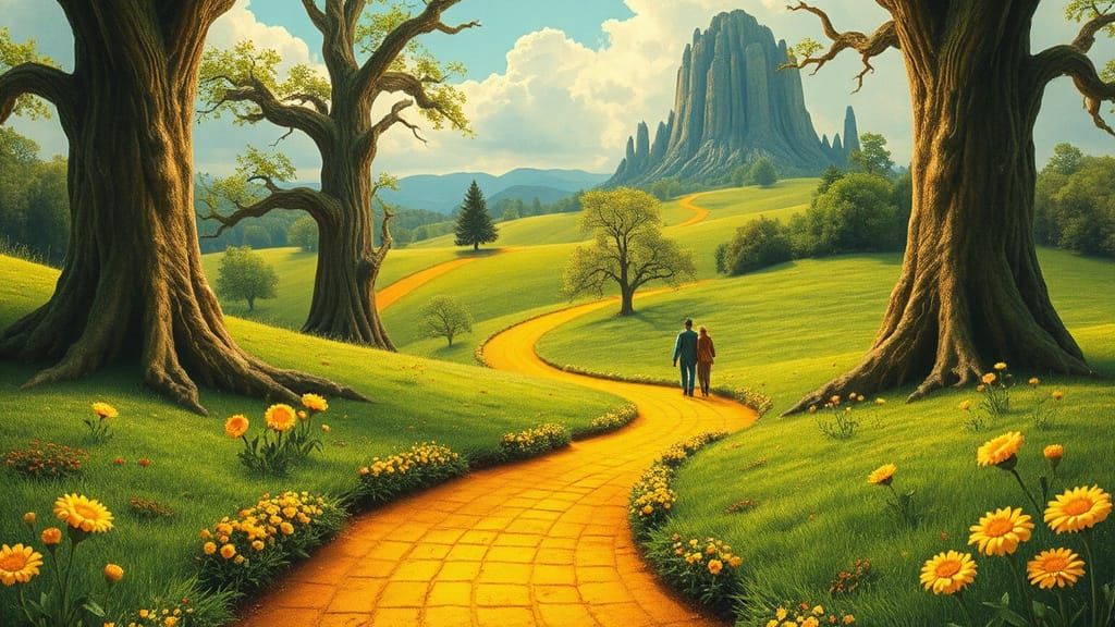 Whimsical Land of Oz with Winding Yellow Brick Road