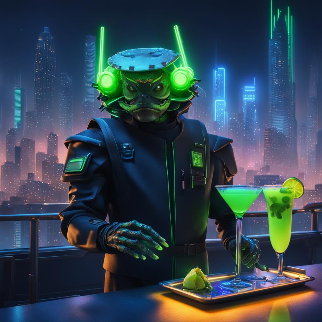 Cyberpunk Waiter Stands in Front of Futuristic Cityscape