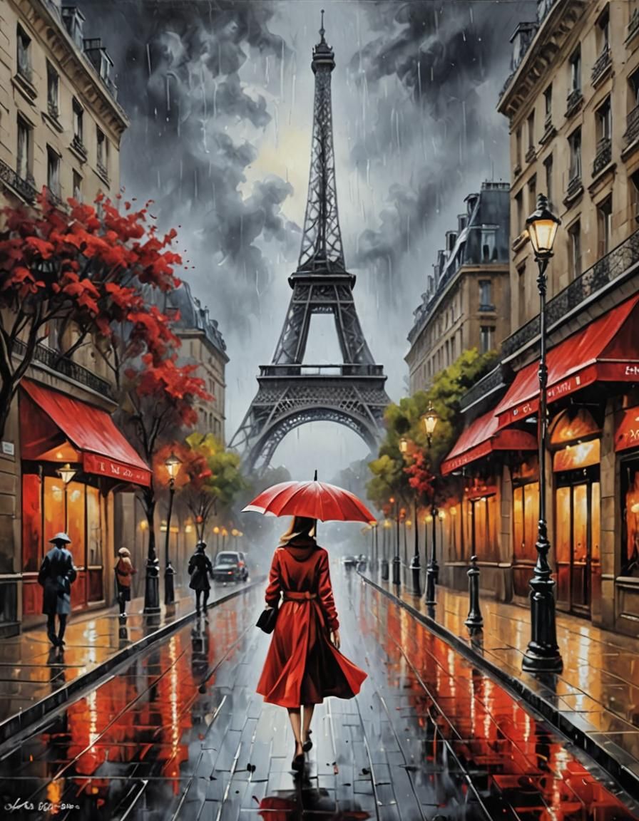Eiffel Tower in Rain: Romantic Oil Painting