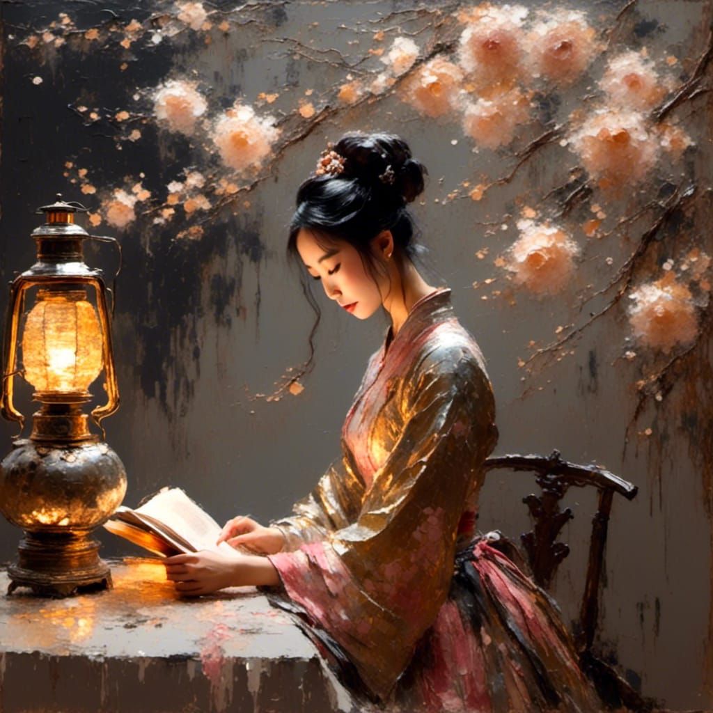 Chinese Woman Reading: An Impressionist Oil Painting