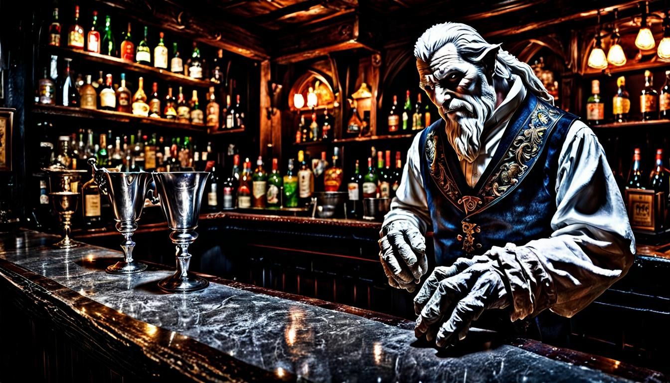 Stone Man Bartender in Medieval Werewolf Bar