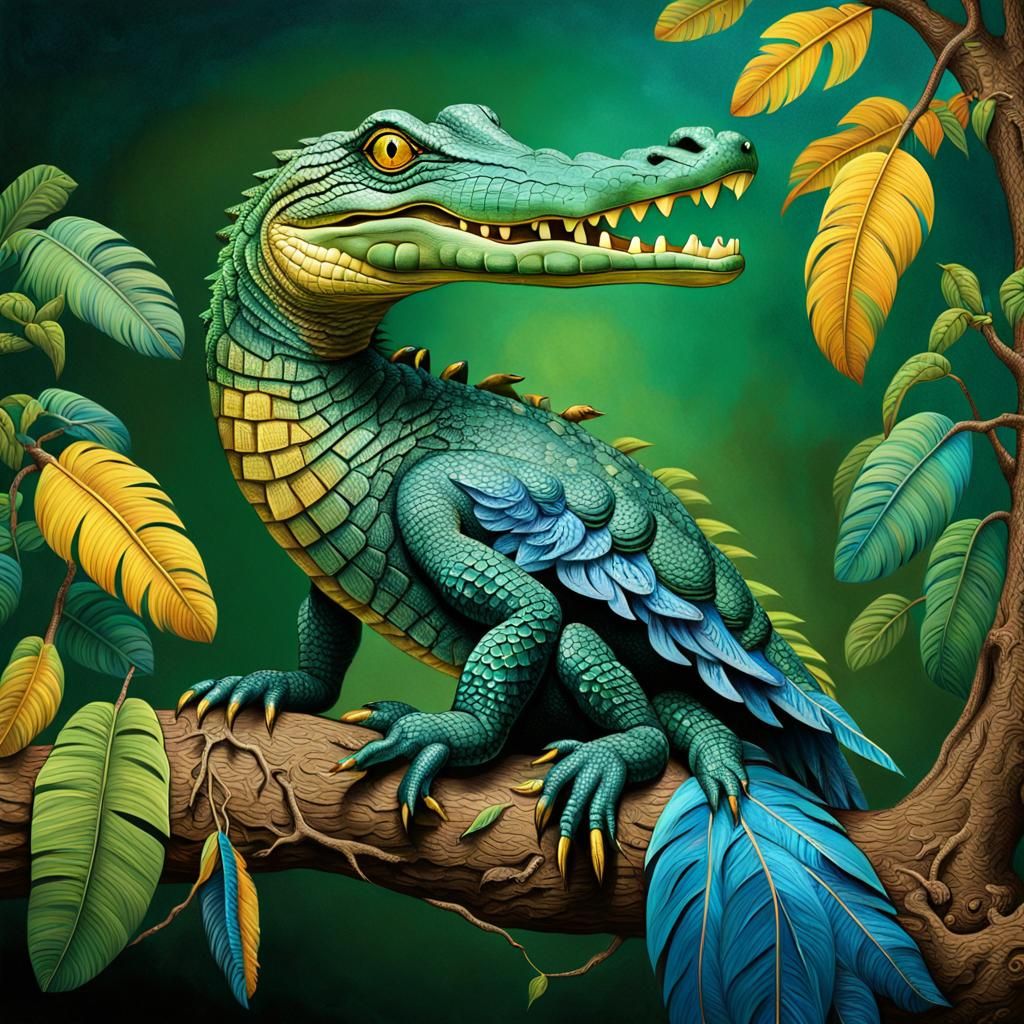 Surreal Scene of a Crocodile Parrot Hybrid in a Dreamlike La...