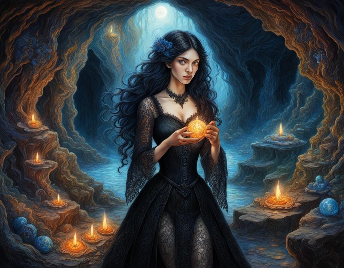 Young Witch Casting Spells in Cave: Digital Painting