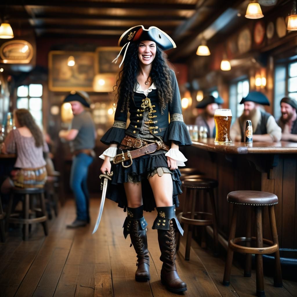 Female Pirate in Pub with Sword and Beer
