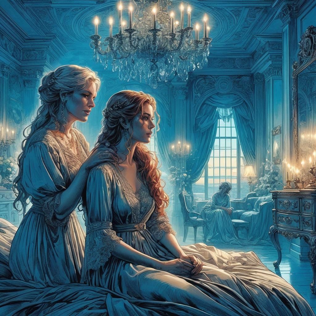 Two Women in Bedroom, Comic Book Style Art