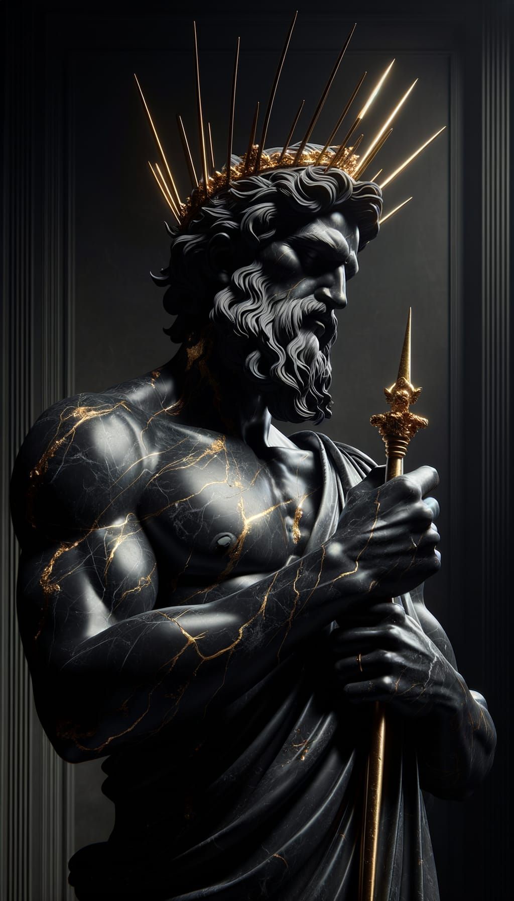 Renaissance Obsidian Sculpture of Hades with Golden Bident