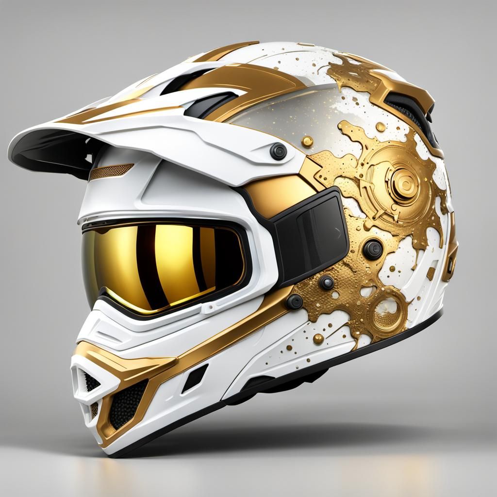 Detailed White and Gold Dirt Bike Helmet in Glass