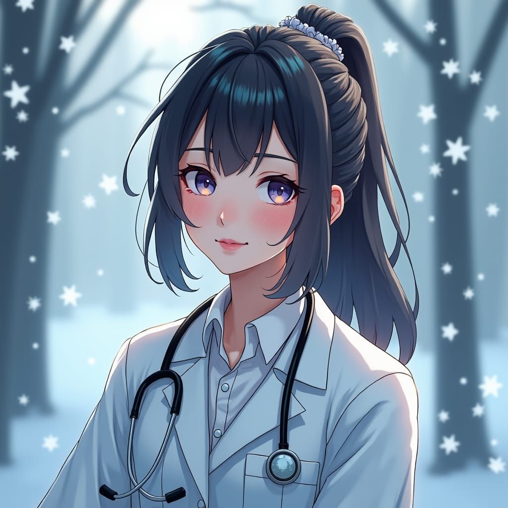 Anime Style Young Doctor with Snowflakes
