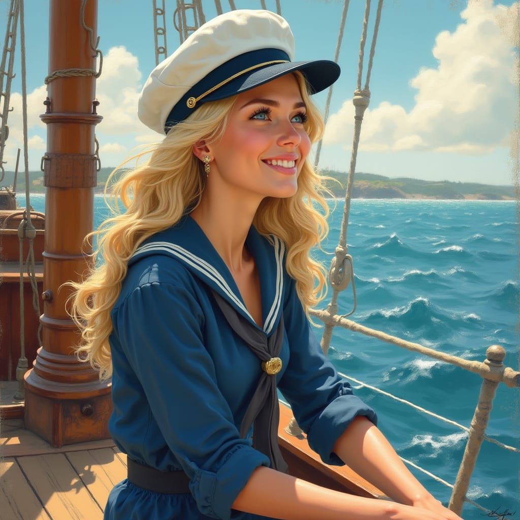 Carefree Woman Sailor on Deck in Rockwell Style