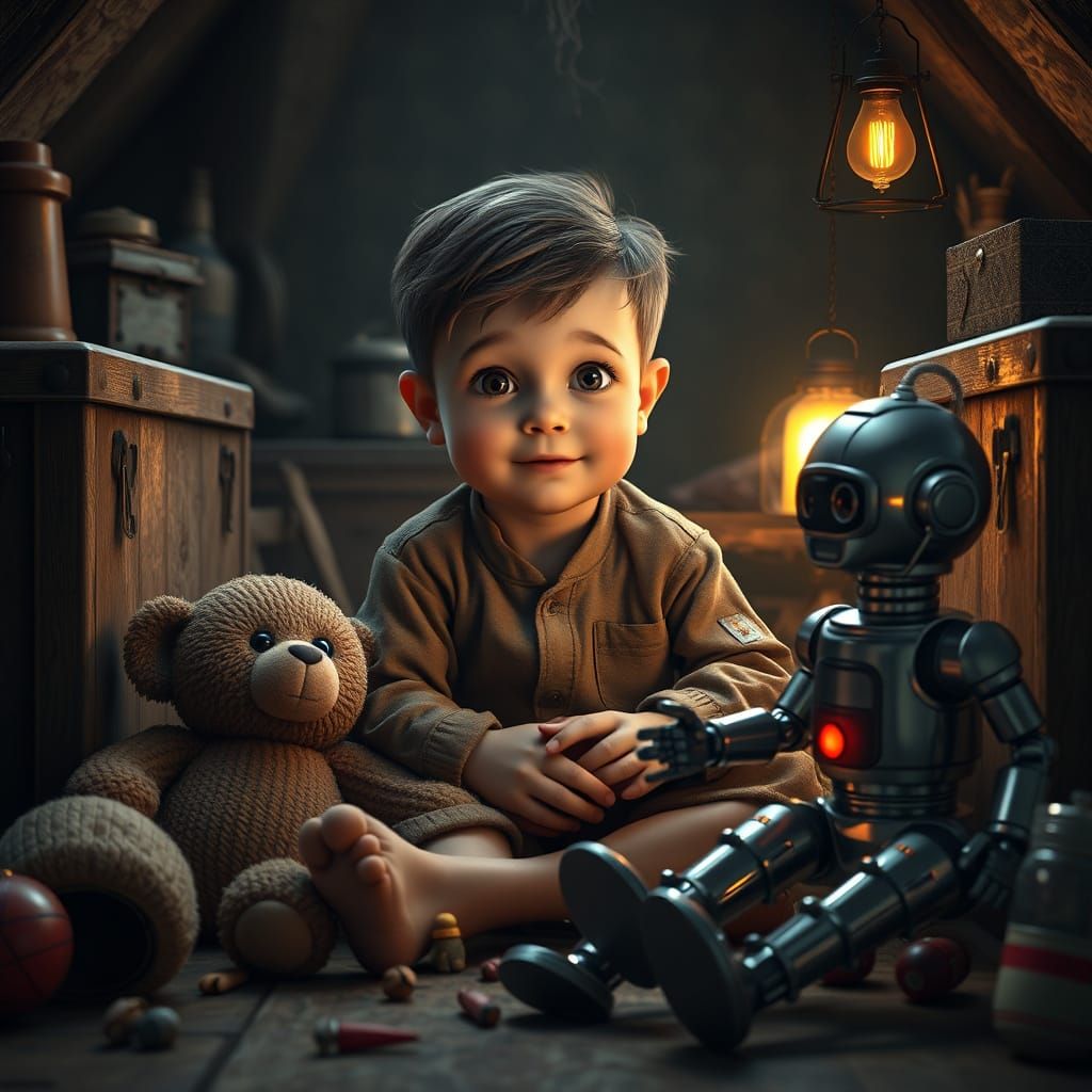 Whimsical Boy Discovers Enchanted Toys in Cozy Attic