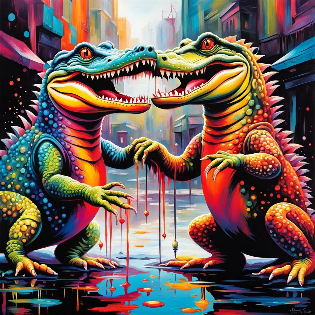 Crocodiles Tango in Colorful Graffiti Street Art