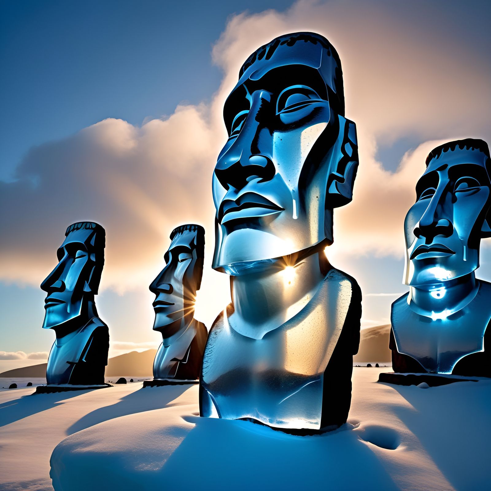Translucent Moai Ice Sculptures in Golden Light