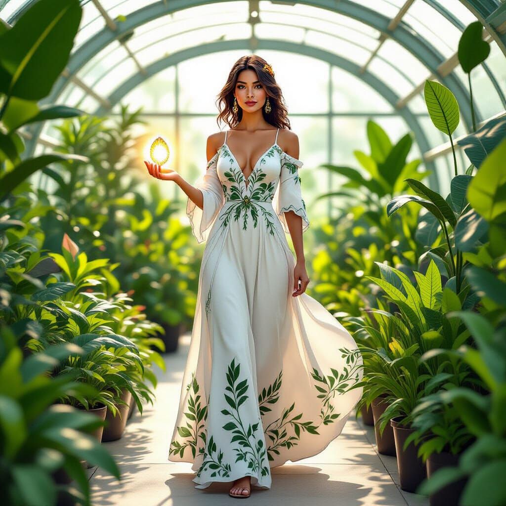 Solarpunk Woman with Seed in Greenhouse: Detailed Line Art