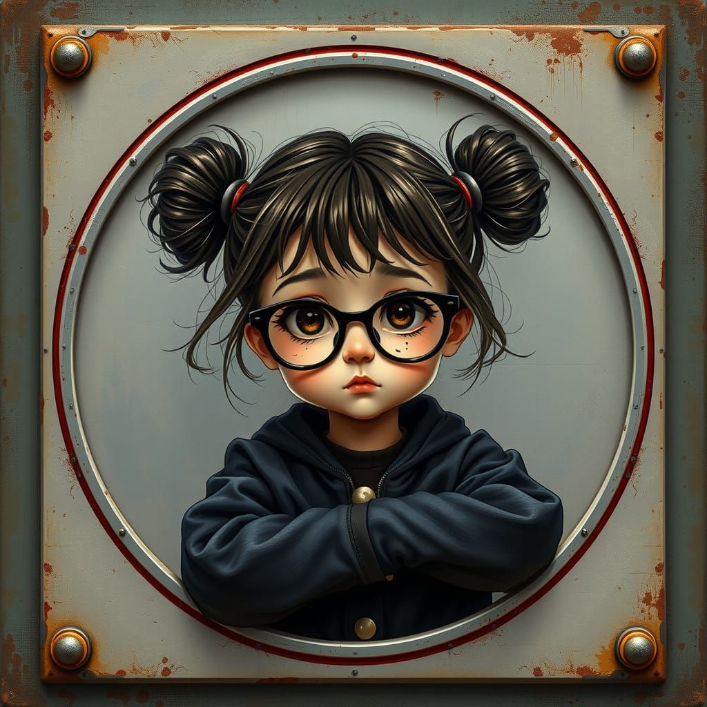 Retro Metal Sign Girl with Round Glasses