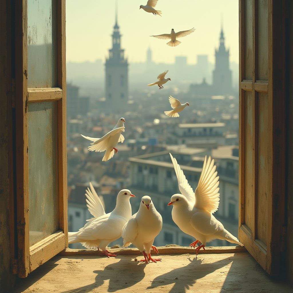 Doves at Play in a Sunny Rooftop Oasis