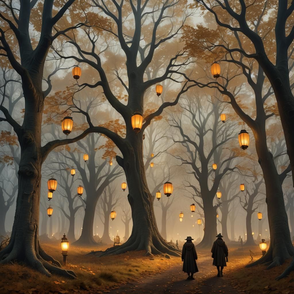 Whimsical Autumn Forest Drenched in Golden Hour Light