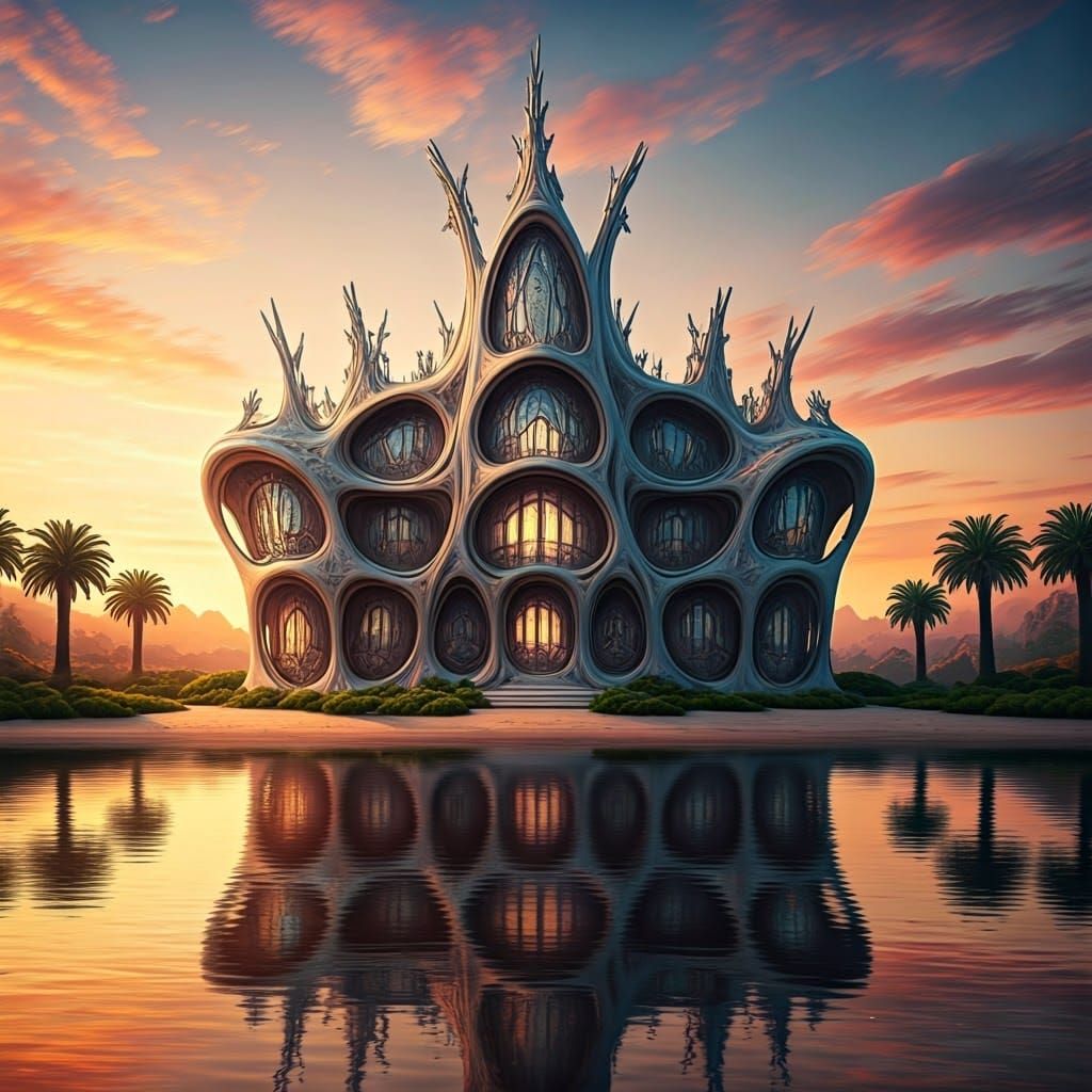 Biomorphic Mansion on Lake at Sunset: Art Nouveau Architectu...