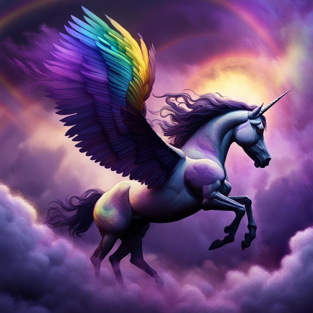 Rainbow Pegasus Soaring Through Mystical Stormy Sky