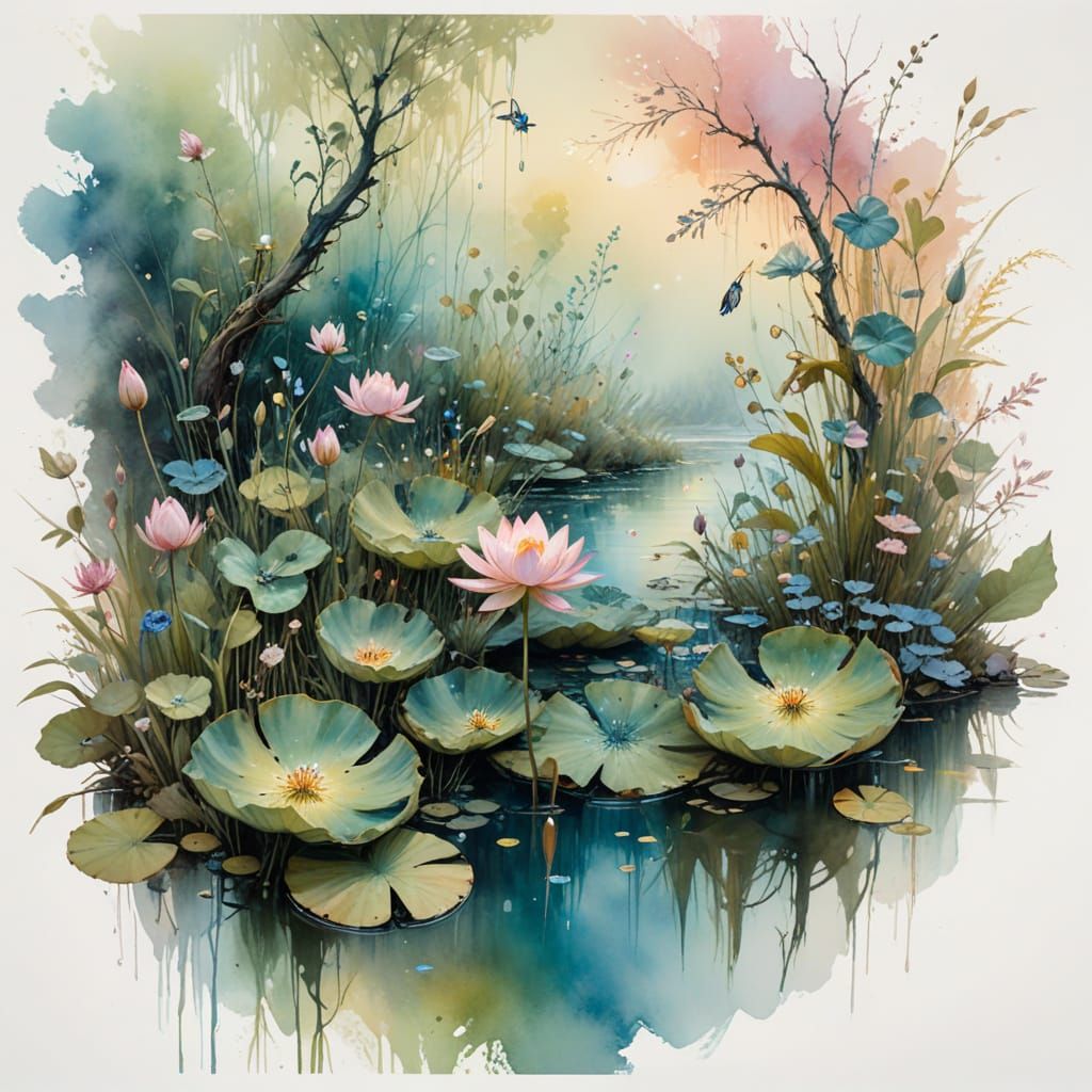 Mystical Wetland Retreat in Dreamy Watercolor Style