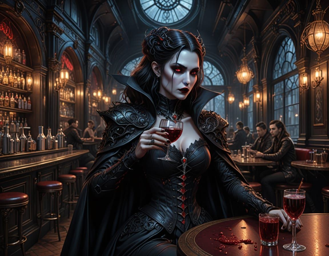 Gothic Vampire in Futuristic Café