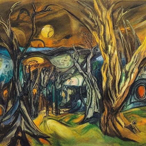 Eerie Gothic Theme Park at Dusk in Expressionist Style