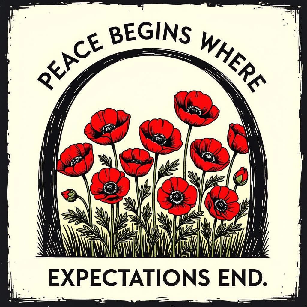 Red Anemone Field Illustration in Woodcut Style