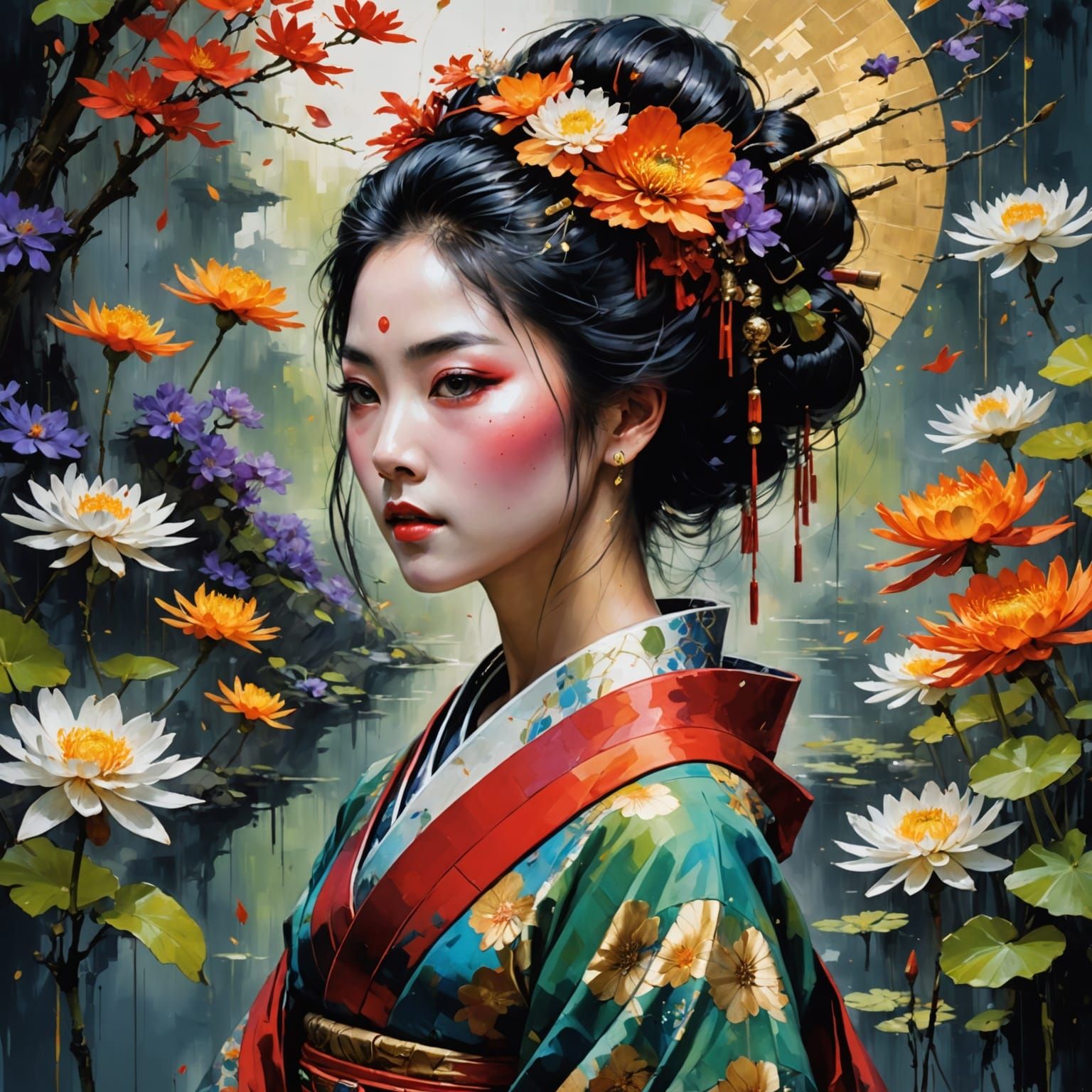 Geisha with Golden Motifs and Outer Space Background