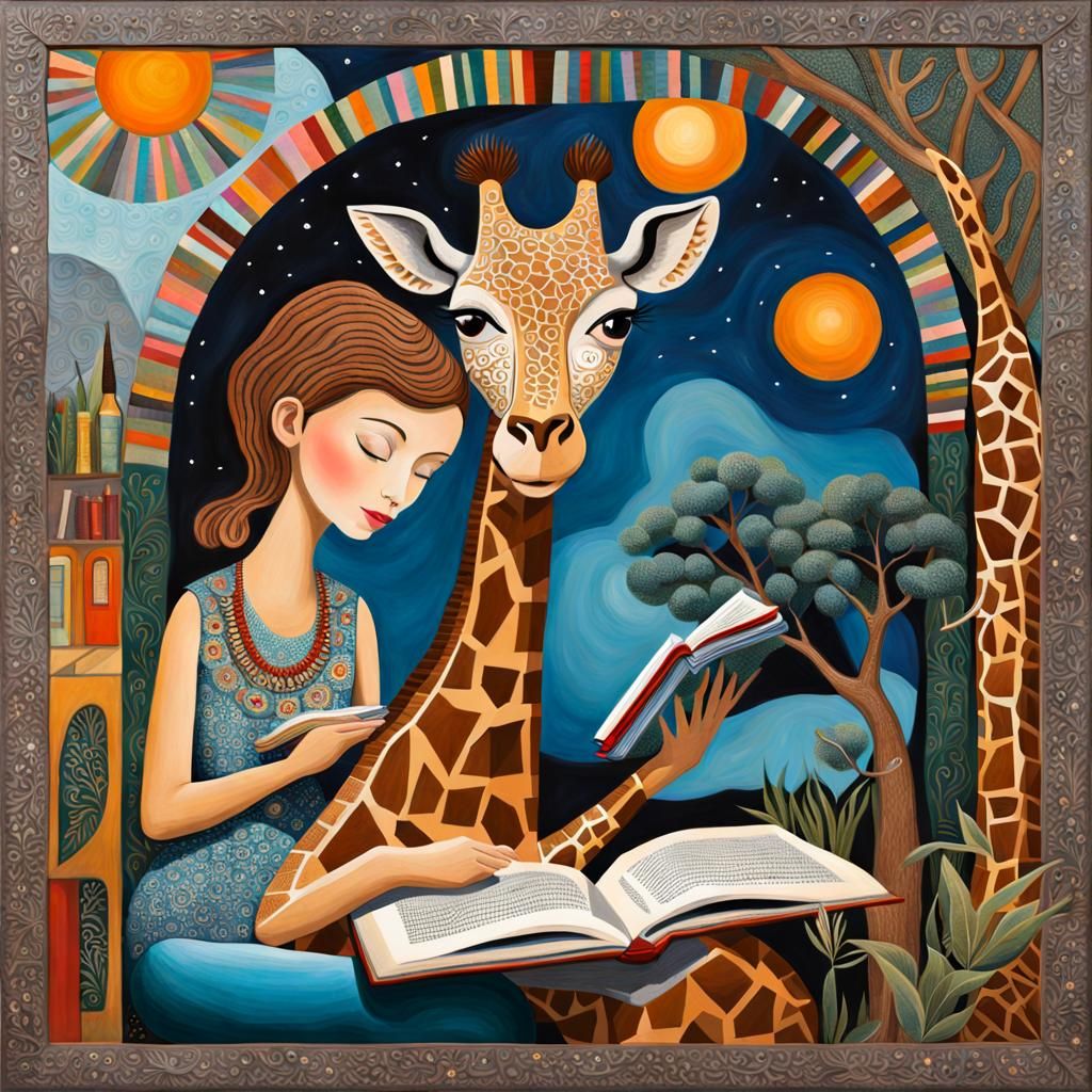 Giraffe Reads to Girl: Whimsical 3D Art