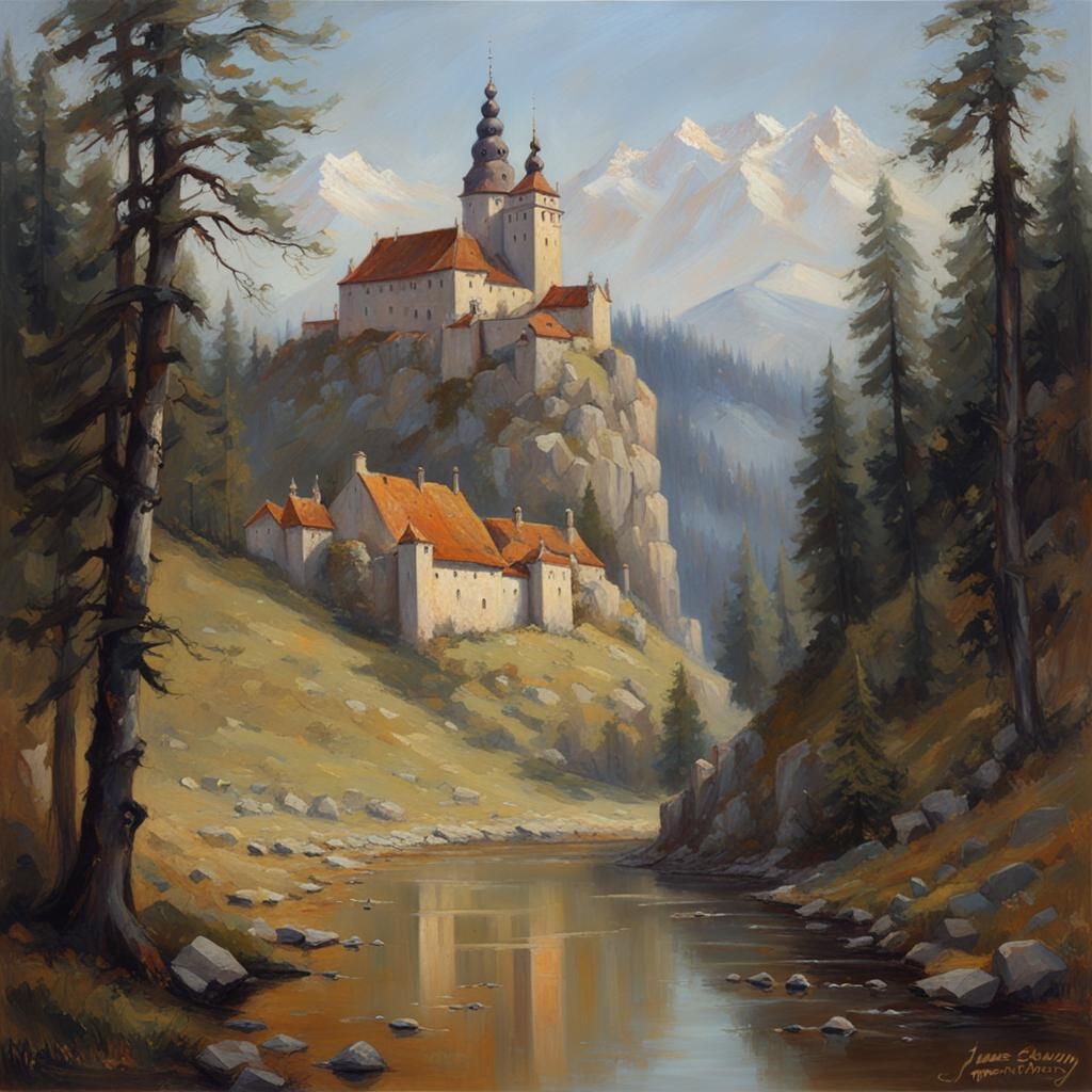 Sloup Castle Reflected, Oil Painting by James Gurney