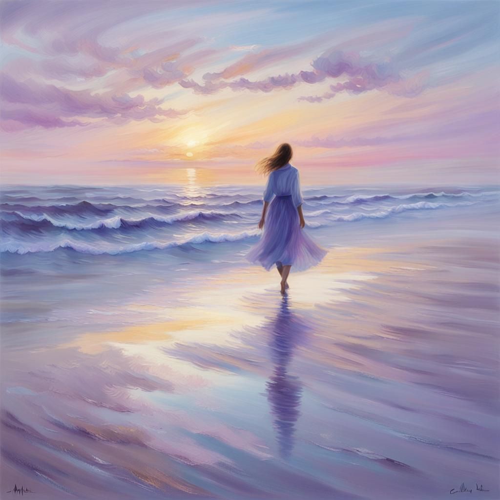 Tranquil Beach Sunset in Impressionistic Style