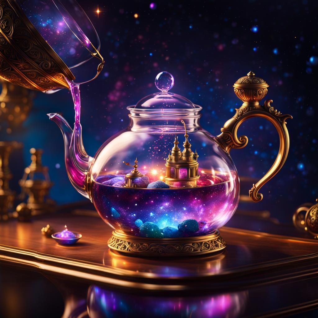 Cosmic Universe Poured from Teapot, Rococo Fantasy Art